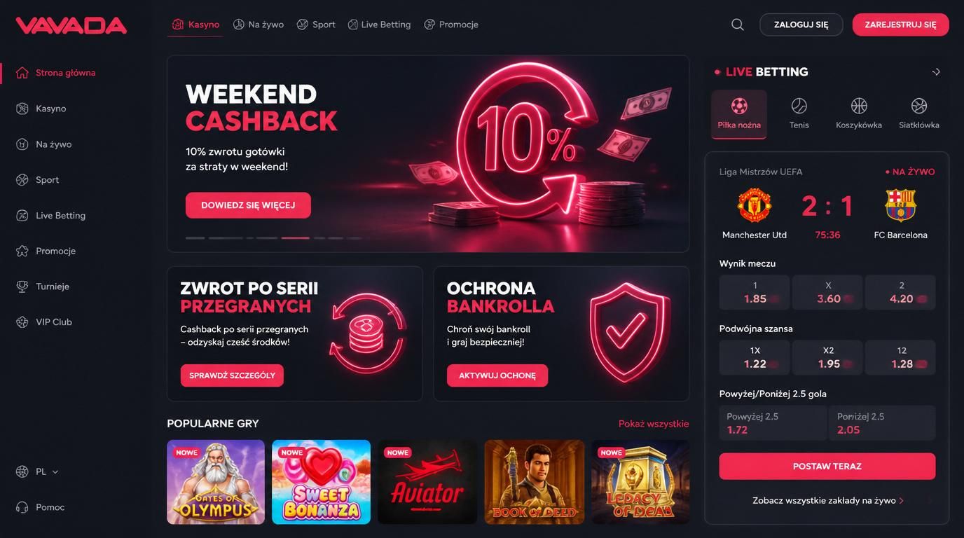 Weekend cashback, ochrona bankrolla, live betting.