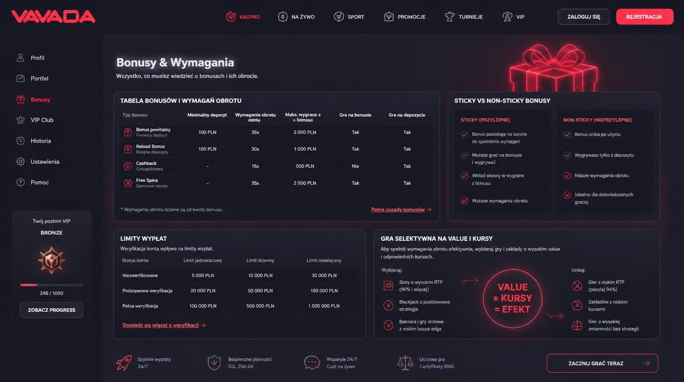 Tabela bonusów, sticky vs non-sticky, limity wypłat, kursy wartościowe.