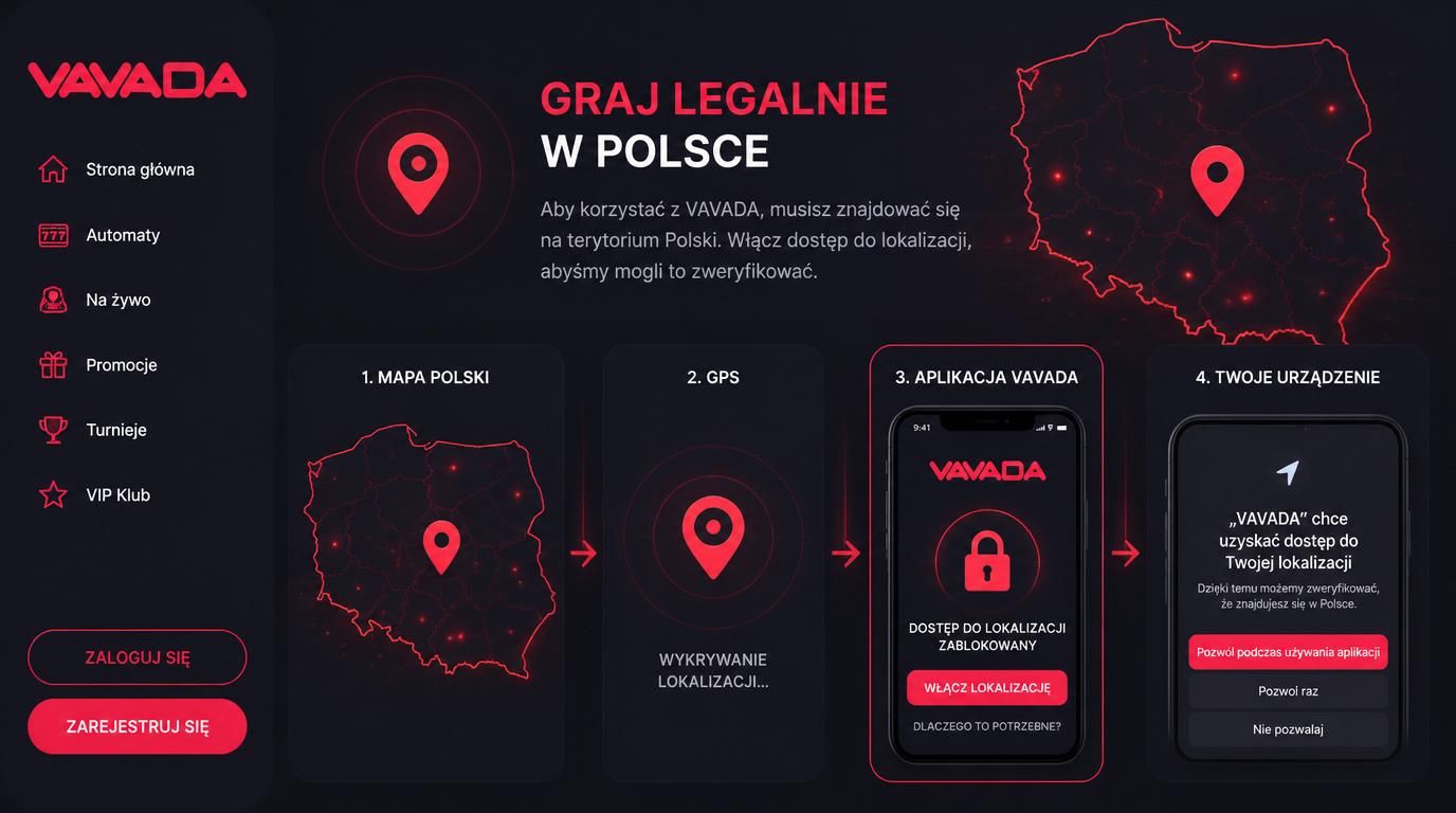 Mapa Polski z ikoną GPS, ekran blokady lokalizacji i telefon proszący o pozwolenie lokalizacji.
