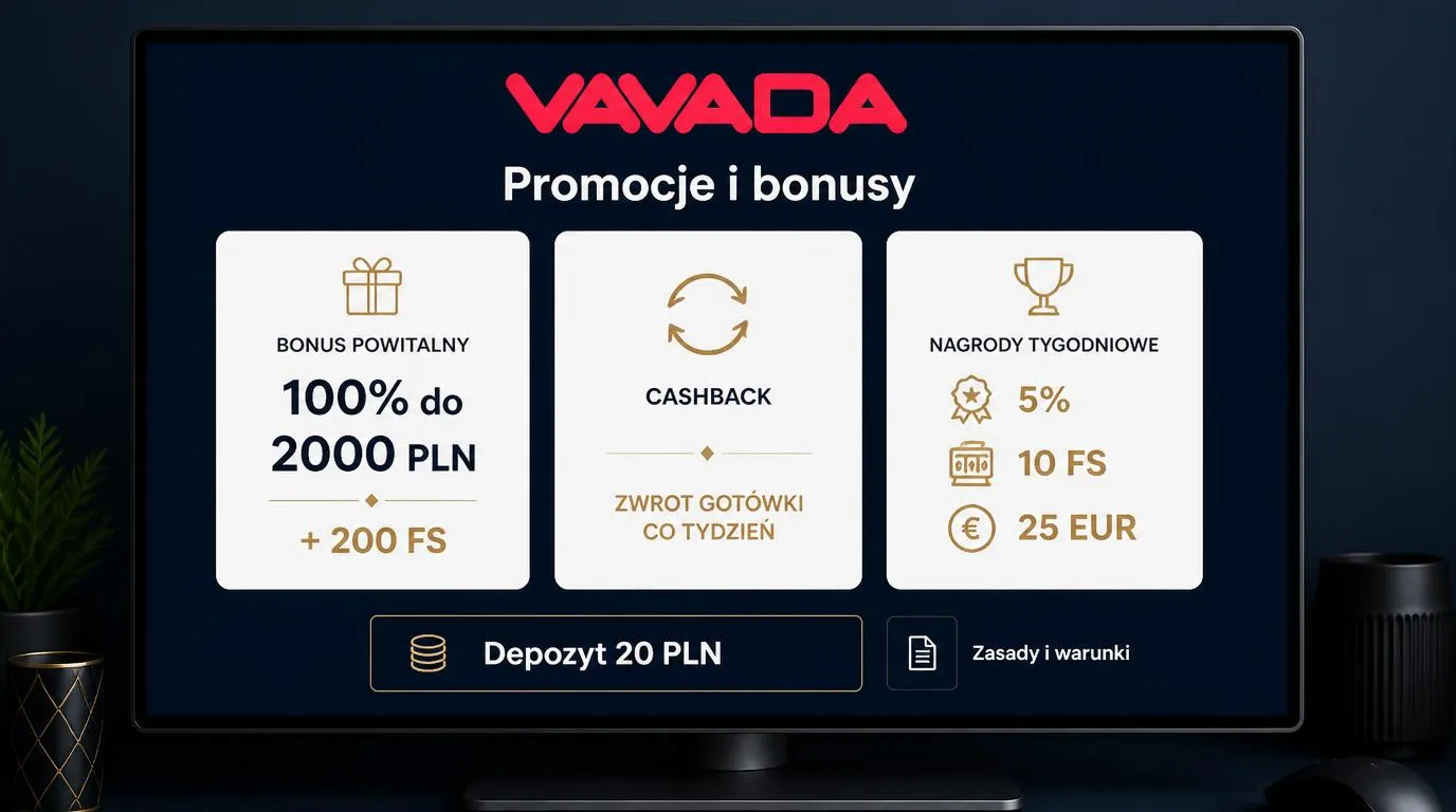 Panel ofert kasynowych z bonusem powitalnym, cashbackiem i nagrodami tygodniowymi oraz informacją o depozycie