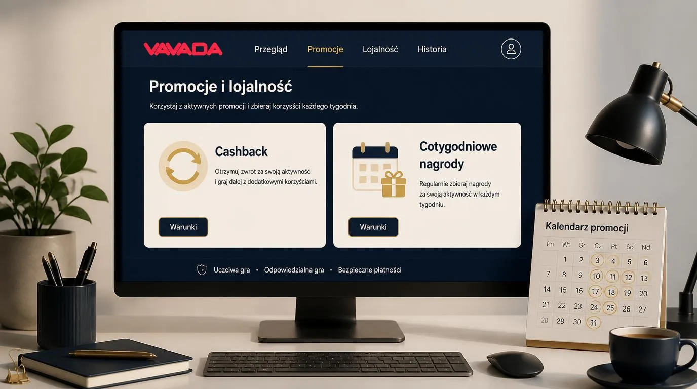 Panel promocji kasynowych z kartami cashbacku, cotygodniowych nagród i przyciskiem sprawdzania warunków