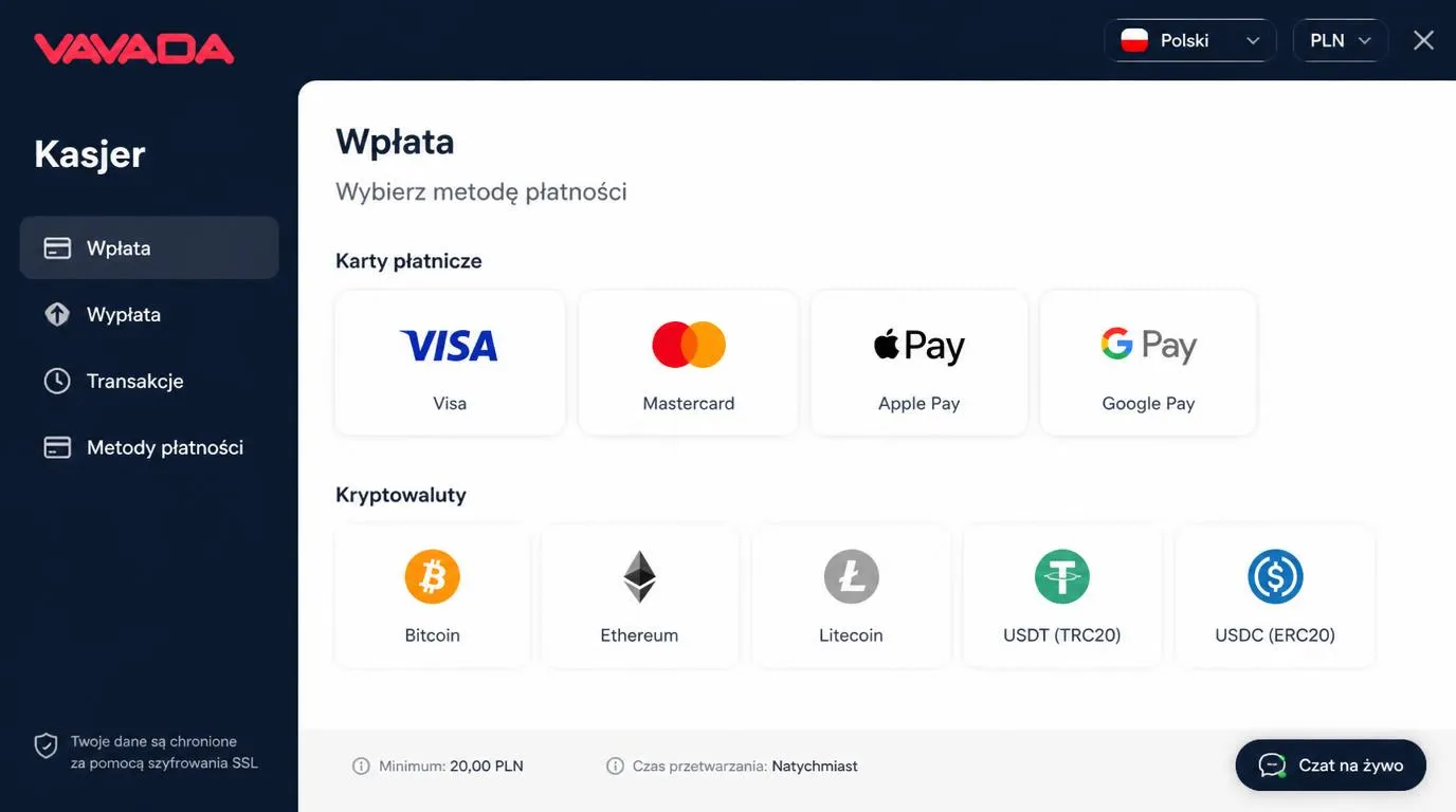 Panel kasy w języku polskim z walutą PLN, opcjami płatności i przyciskiem czatu na żywo